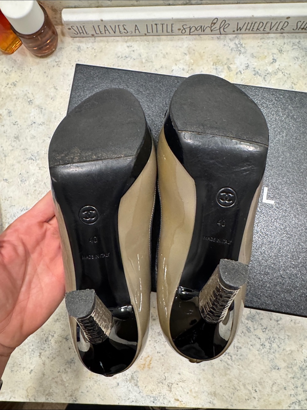 CHANEL Taupe and Black Patent Leather Heels with Silver Accent - Picture 6 of 6